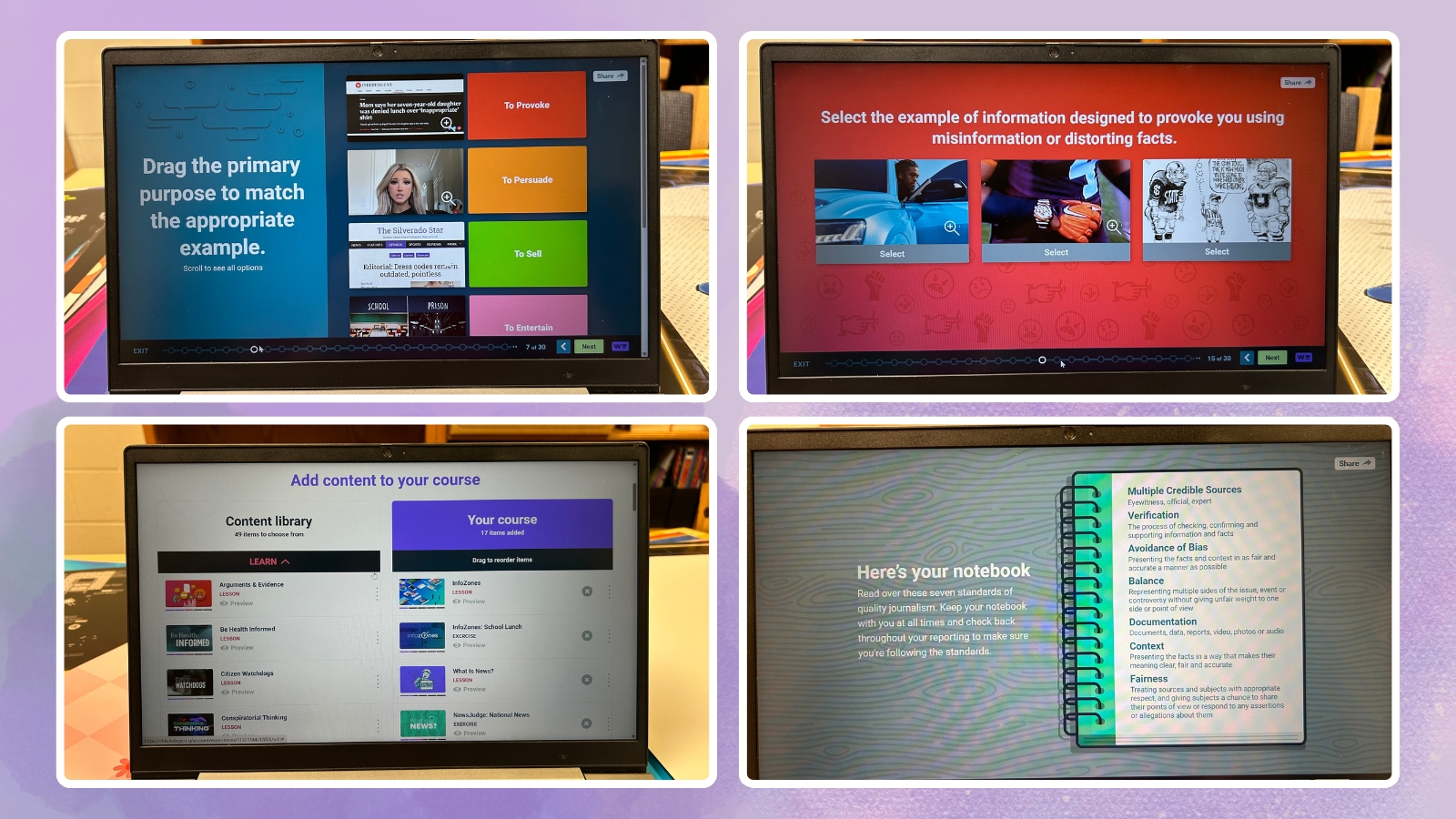 These Interactive Lessons Make News Literacy Click for Students Images of four different Checkology screens sharing four different news literacy options for teachers and students