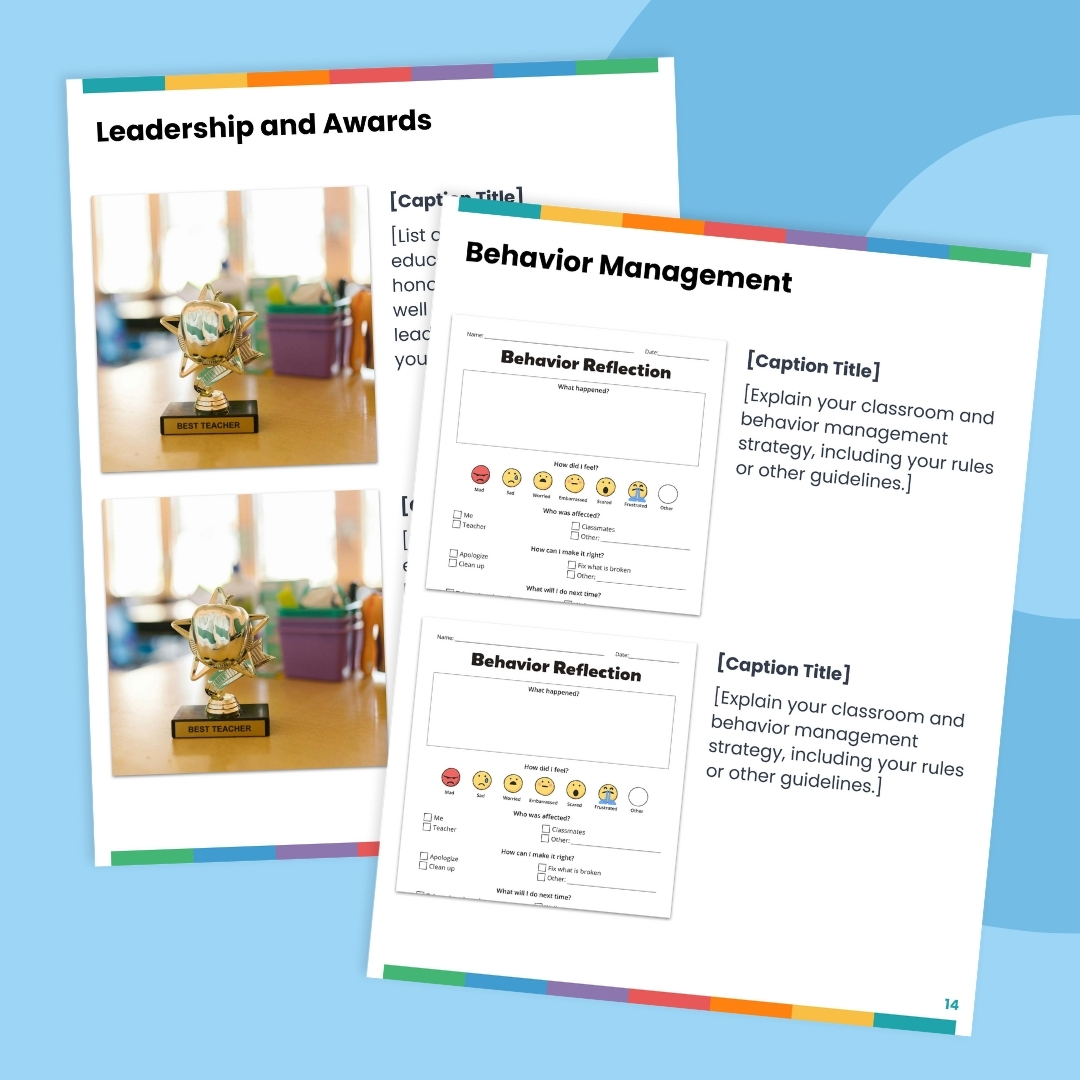 Flay lay of two teaching portfolio template pages on a blue background