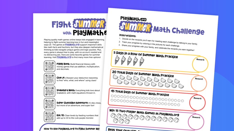 Flay lay of a two-page flyer for PlayMath.org encouraging parents to use free math games to fight summer slide